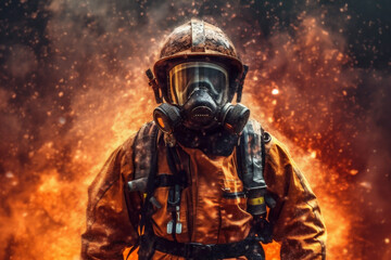 firefighter uniform safety equipment rescue fighter fire smoke emergency fireman. Generative AI.