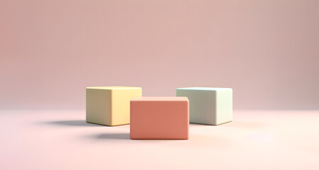 Abstract minimal concept. Pastel multi colour background with podium, abstract geometric cube box landscape. Mock up template for product presentation. 3D rendering. copy text space	
