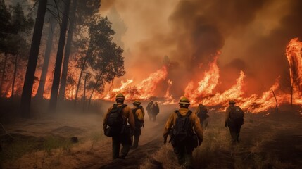 Firefighters fighting a fire in a burning building with smoke and flames, Generative AI