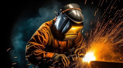 Welder in protective mask welding metal with sparks and smoke on dark background, Generative AI