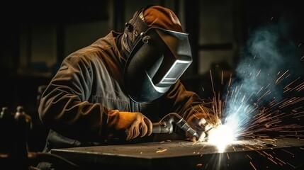 Welder in protective mask welding metal with sparks and smoke on dark background, Generative AI