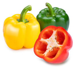 Red,Green and Yellow Sweet pepper isolated on white background, Sweet Bell pepper on White Background With clipping path.