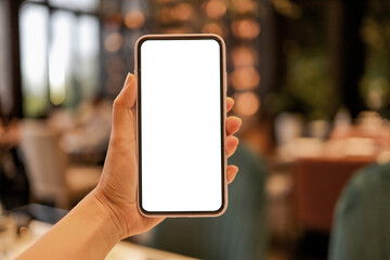 Women's hands holding cell telephone blank copy space screen. smartphone with blank white screen isolated on white background . smart phone with technology concept