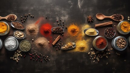 Naklejka premium Spices and herbs in wooden spoons on dark background. Food and cuisine ingredients, Generative AI