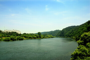 Photo of Namgang Dam, hydroelectric power plant dam in Namgang, Jinju City, South Korea in summer