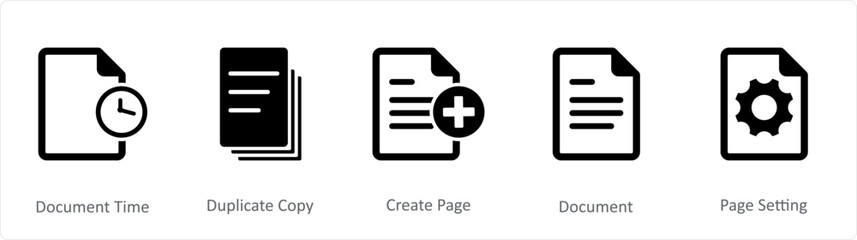 A set of 5 Document icons as document time, duplicate copy, create page