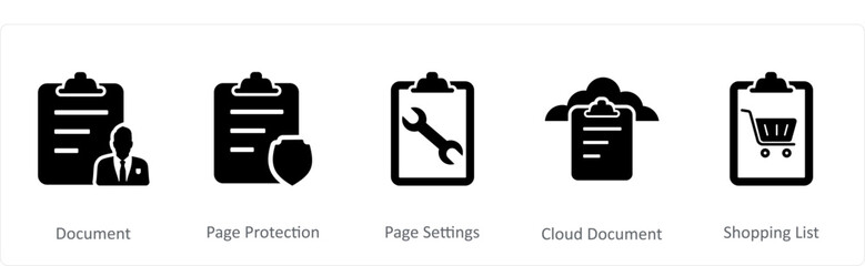 A set of 5 Document icons as document, page protection, page settings