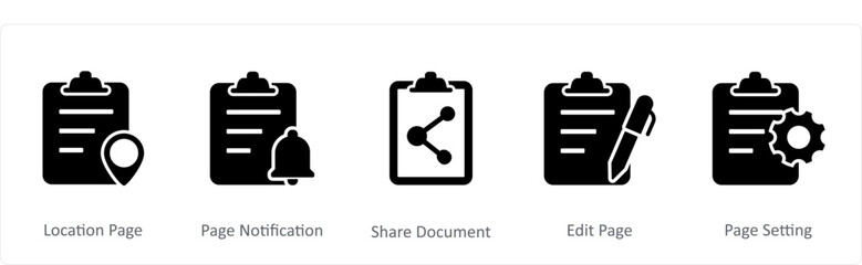 A set of 5 Document icons as location page, page notification, share document 