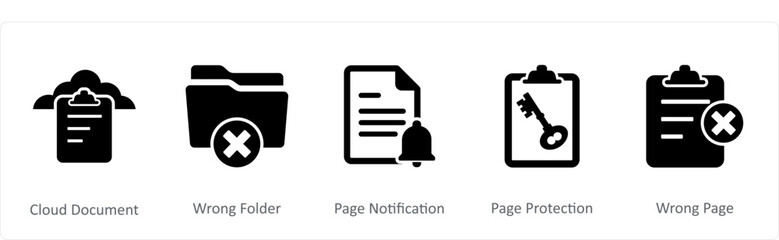 A set of 5 Document icons as cloud document, wrong folder, page notification