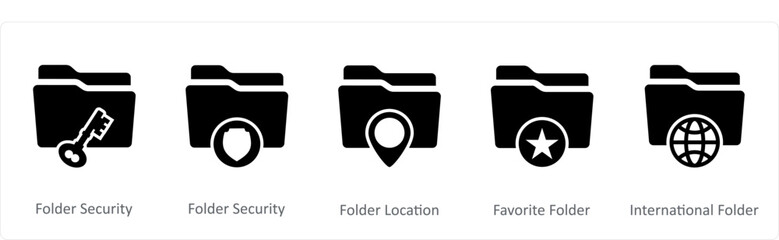 A set of 5 Document icons as folder security, folder location, favorite folder