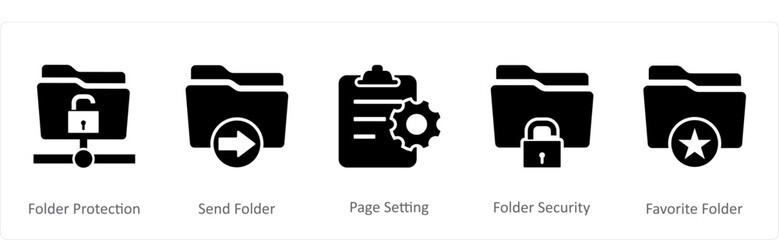 A set of 5 Document icons as folder protection, send folder, page setting