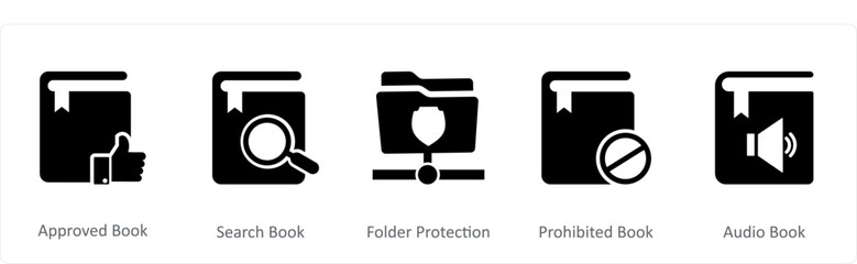 A set of 5 Document icons as approved book, search book, folder protection