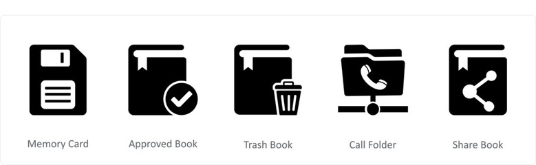 A set of 5 Document icons as memory card, approved book, trash book