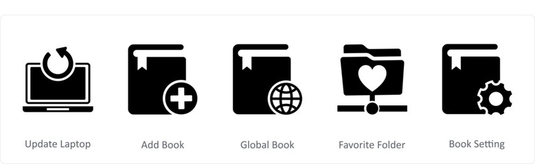 A set of 5 Document icons as update laptop, add book, global book