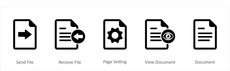 A set of 5 Document icons as send file, receive file, page setting