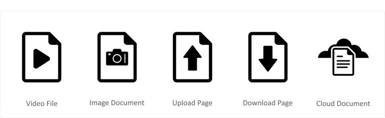 A set of 5 Document icons as video file, image document, upload page