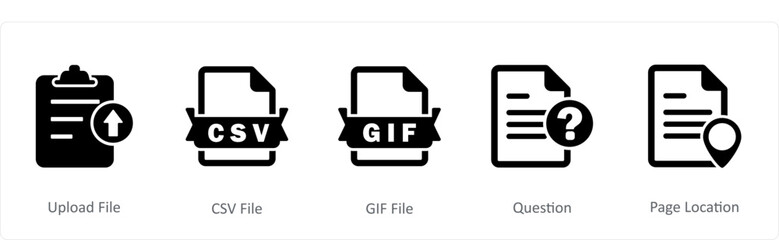 A set of 5 Document icons as upload file, csv file, gif file