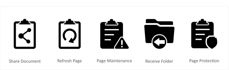 A set of 5 Document icons as share document, refresh page, page maintenance