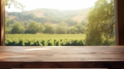 Fototapeta premium Empty Rustic oak wooden table in front of green vineyard