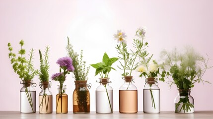 Aromatherapy concept, featuring glass bottles filled with essential oils with decorative plants. Aromatherapy uses aromatic plant extracts and essential oils for healing and well-being. Generative AI