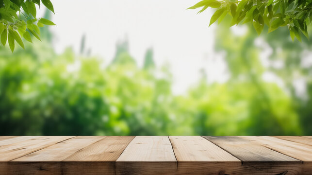 Empty wood table top and blurred green tree and vegetable in agricultural farms