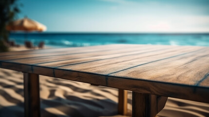 Fototapeta premium Empty Wooden table in tropical beach of summer time, blurred background