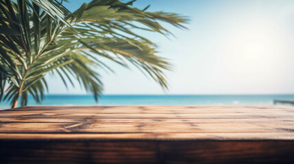 Empty Wooden table in tropical beach of summer time, blurred background