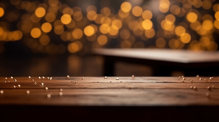 Empty Wooden table with blurred bokeh lights background
