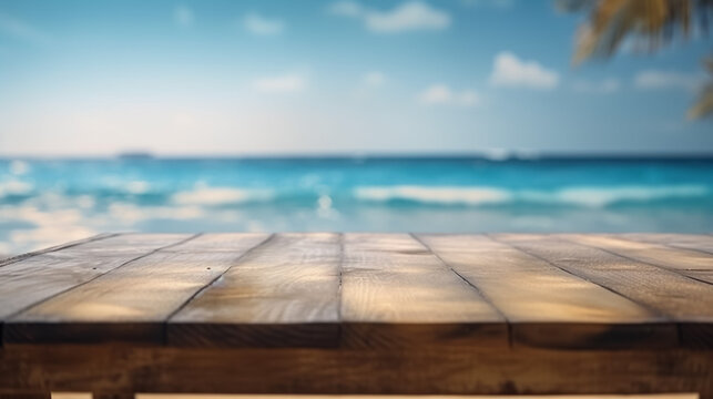 Empty Wooden table in tropical beach of summer time, blurred background