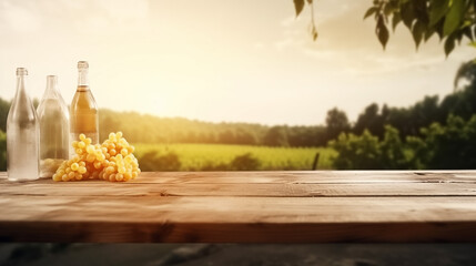 wooden Table background and free space for your food or bottle with landscape of sunset time