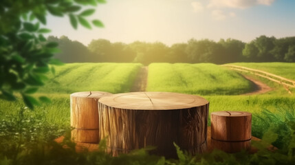 Naklejka premium Tree trunk wood Podium display for food, perfume, and other products on nature background