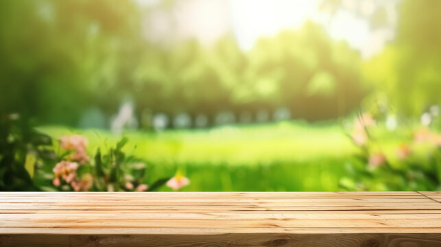 wooden Table background of free space and spring time in garden