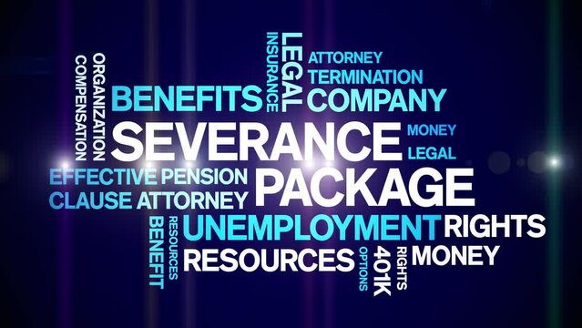 Severance Package Animated tag word cloud;text design animation kinetic typography seamless loop.