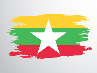 The flag of Myanmar is drawn with a brush