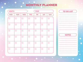 Monthly calendar glider on rainbow background with stars