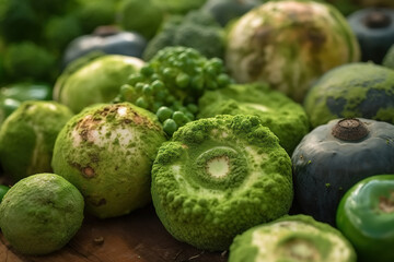 Green bacteria mold fungus on food, close-up