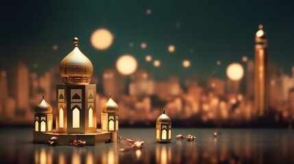 Fototapeta na wymiar Ramadan kareem with beautiful mosque and lights in the background. generative ai
