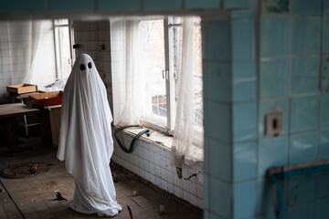 Ghost in abandoned ruined house, halloween good spirit scene