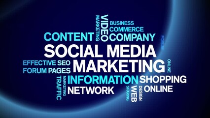 Social Media Marketing animated tag word cloud;text design animation kinetic typography seamless loop.