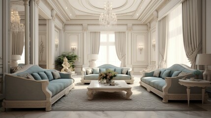 Premium Interior Design with Three Sofas in a White Living Room, Epitomizing Elegance and Luxury