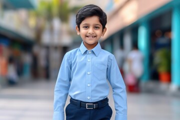 Indian Kid in Sky Blue Shirt and Navy Pants, Radiating Happiness in School Attire