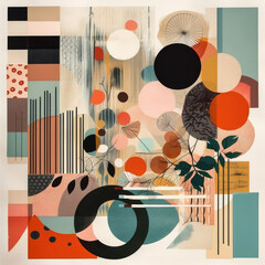 Modernist collages that combine different visual elements. Can be used as wall decorations. Abstract illustrations and patterns, where the main role is given to color