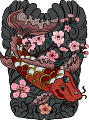 Koi fish carp with flower and clouds background for tattoo style.Chinese tattoo.Korean sleeve tattoo design with wave and sakura floral vector.Gold fish for painting on T-shirt or wallpaper background