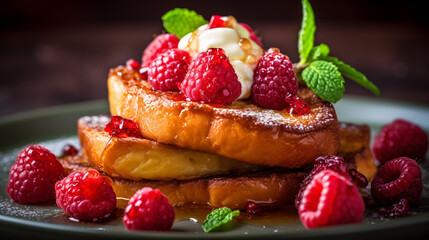 breakfast french toasts stacks with fresh fruits served on plate at the kitchen background with morning lighting, collection of delicious food and breakfast them