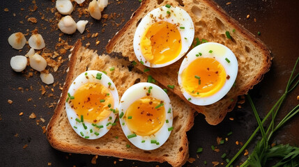 breakfast breads toasts with egg boiled top views collection of delicious food and breakfast theme