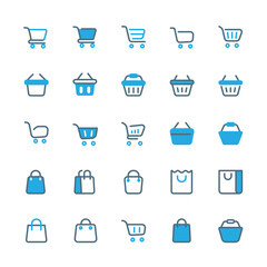 Shopping cart, shopping bag and grocery basket vector outline flat line icons set. 