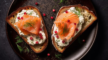 breakfast breads toasts with cream cheese and salmons top views collection of delicious food and breakfast theme