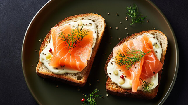 breakfast breads toasts with cream cheese and salmons top views collection of delicious food and breakfast theme