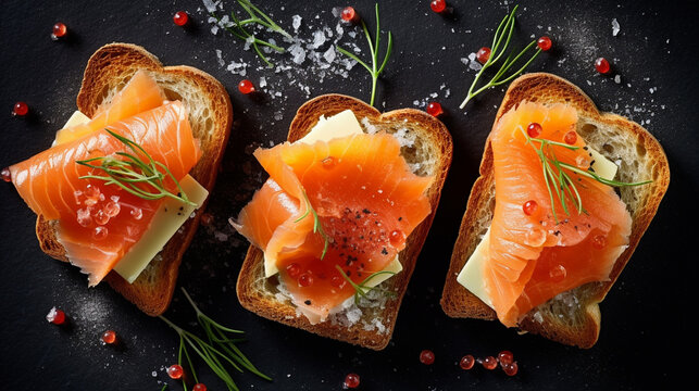 breakfast breads toasts with cream cheese and salmons top views collection of delicious food and breakfast theme