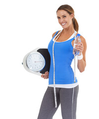 Scale, water bottle and woman portrait for diet, lose weight progress and body health or nutrition....